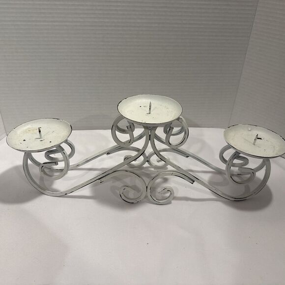 3 Pillar Candle Holder White Distressed Wrought Iron, Shabby Chic French Country - Picture 1 of 9